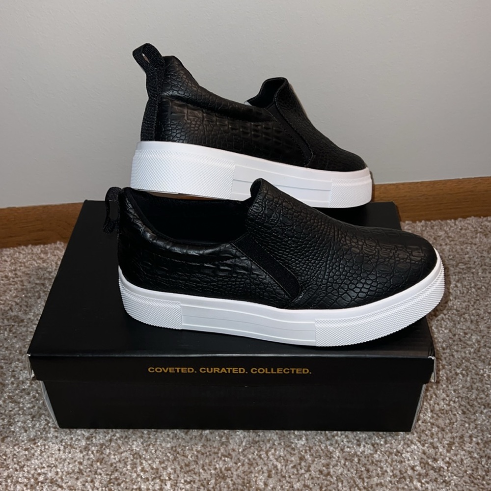 COPY - New lulus black crocodile-embossed platform slip-on sneaker shoes